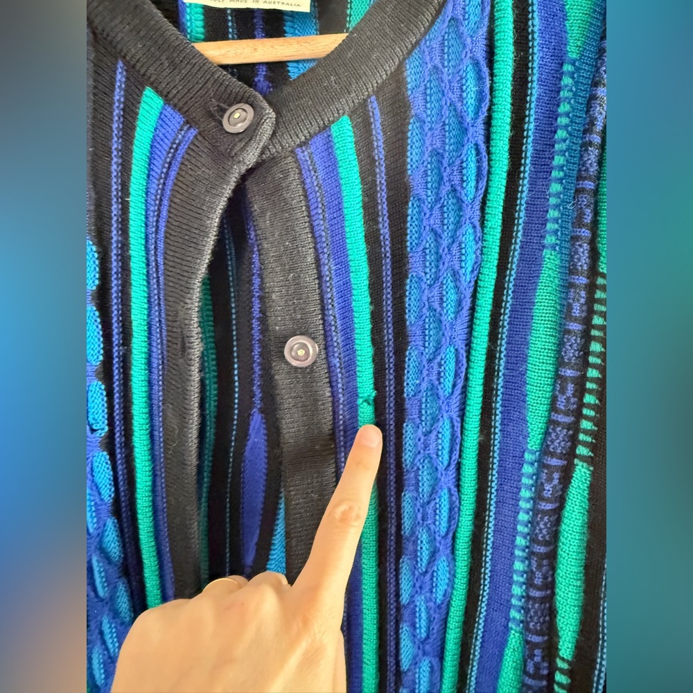 Vintage Striped Button-Front Unisex Sweater Cardigan - Blue/Teal - Picture 4 of 9